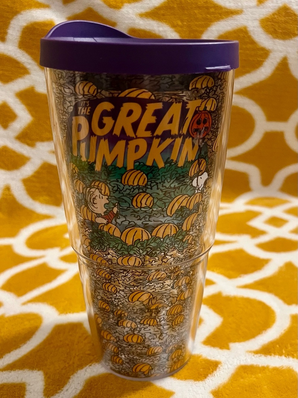 Tervis Peanuts The Great Pumpkin 24 oz Clear Tumbler w/ Purple Lid